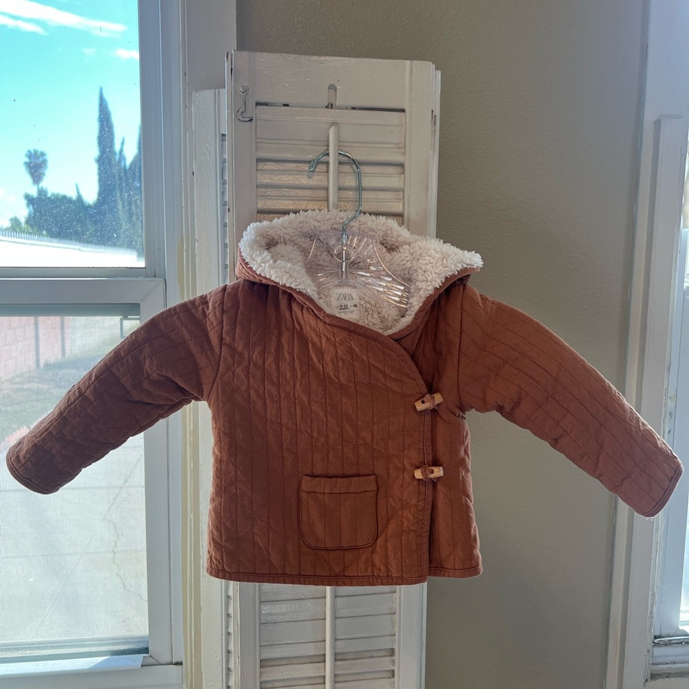 Zara Toddler Girl’s Rust Jacket Coat Quilted Fleece Lined & Hood SZ 9-12 months